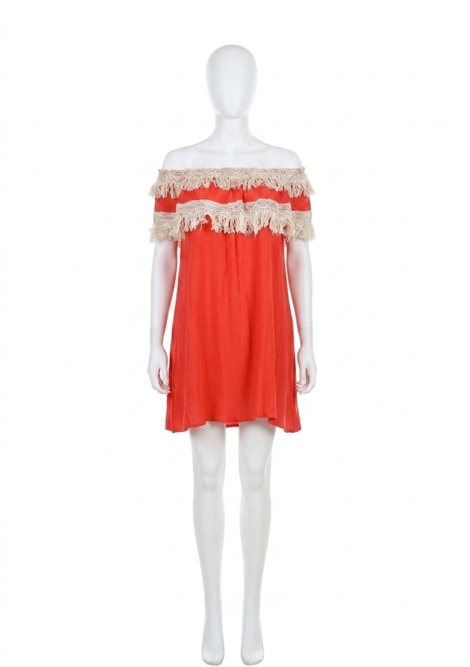 NEW VELZERA off the shoulder fringe mini dress in coral
